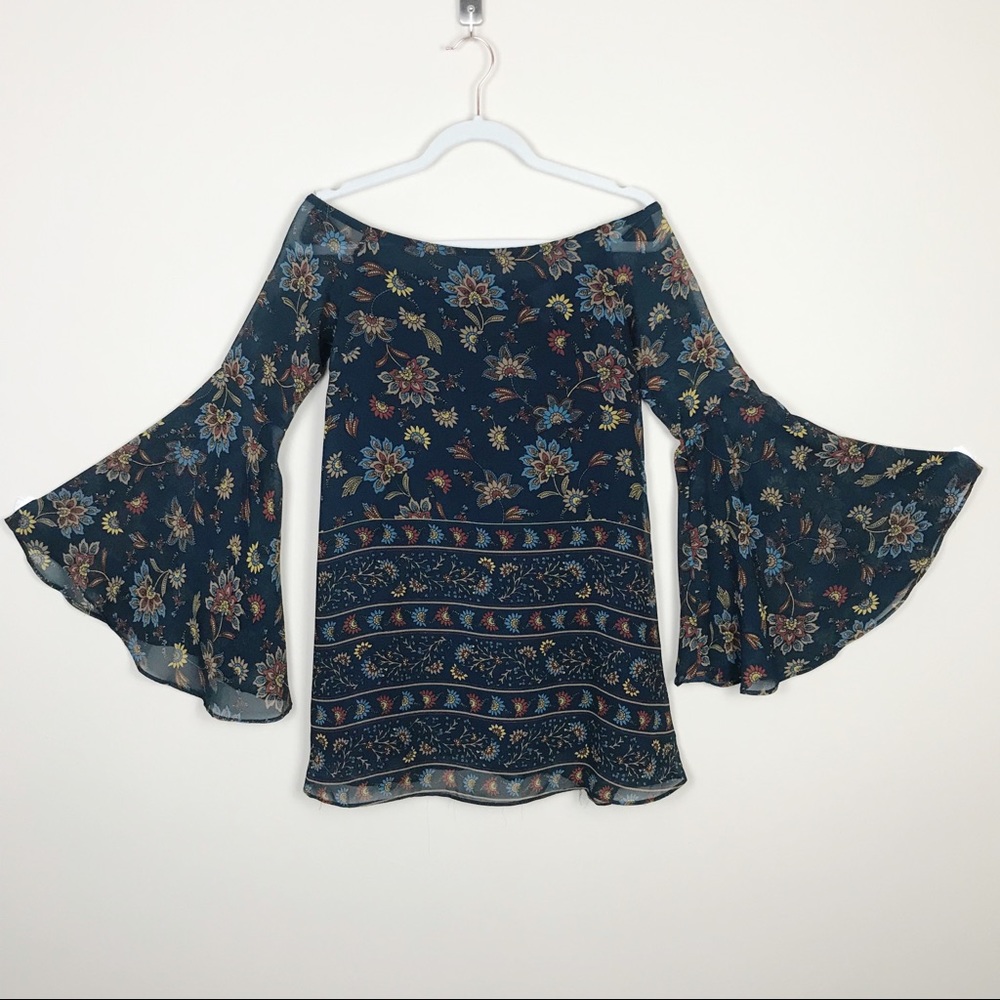 Olivaceous Navy Floral Paisley Bell Sleeve Blouse